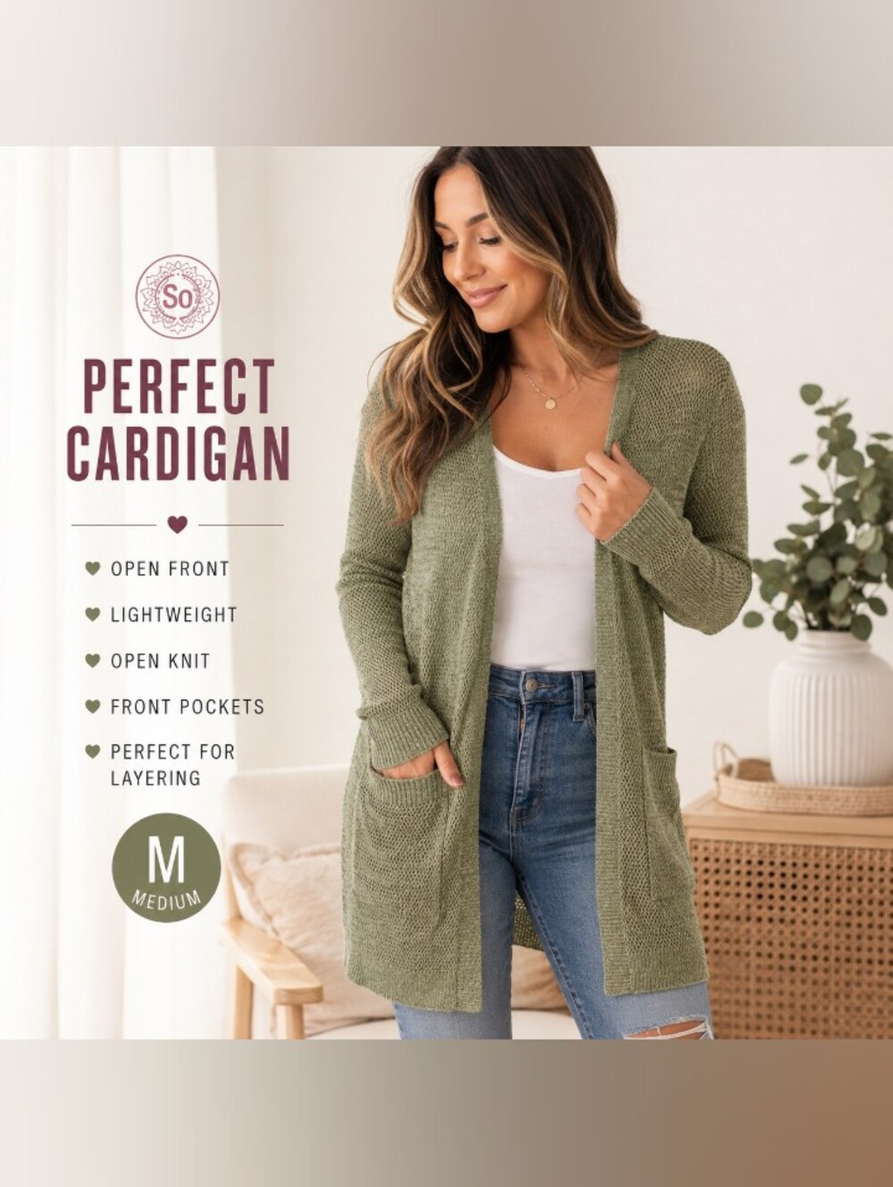 Perfect Cardigan Olive Green Open Knit Long Cardigan Sweater Size Medium